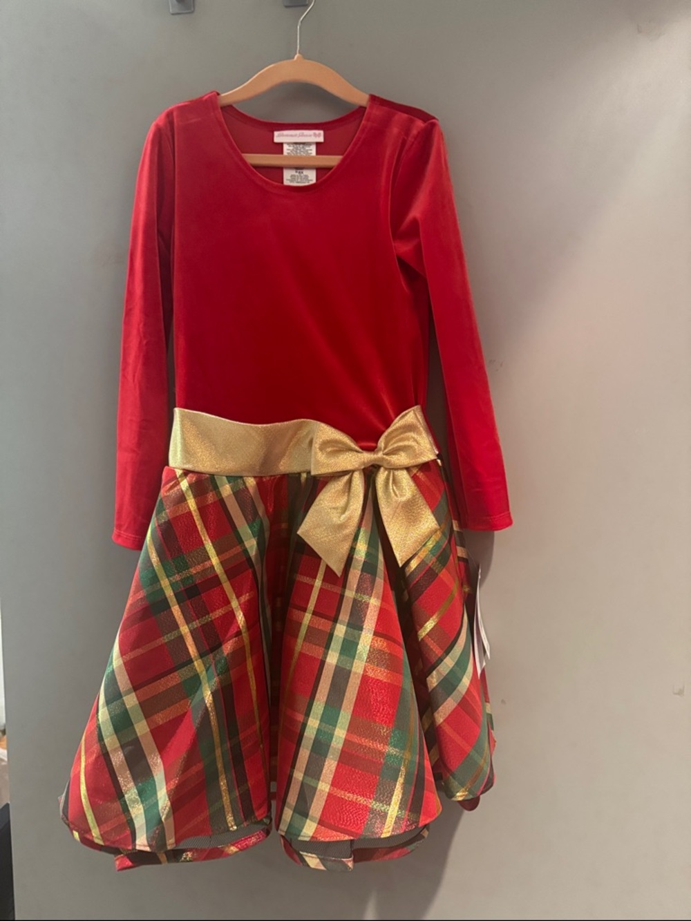 Bonnie Jean Red Velvet Top with Gold Bow and Plaid Skirt